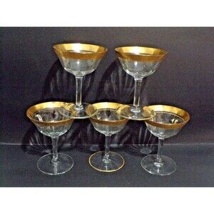 Tiffin Franciscan Champagne Glasses Set of 5 Gold Trim Etched Ramblin Rose 4 Oz